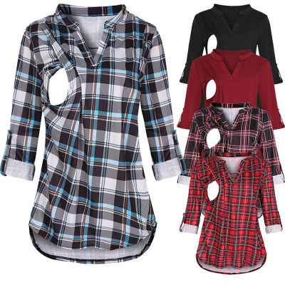Summer Women Maternity Plaid Print Clothes Breastfeeding Tops Blouse Maternity Nursing Top Short Sleeves Blouse T-Shirt Clothes