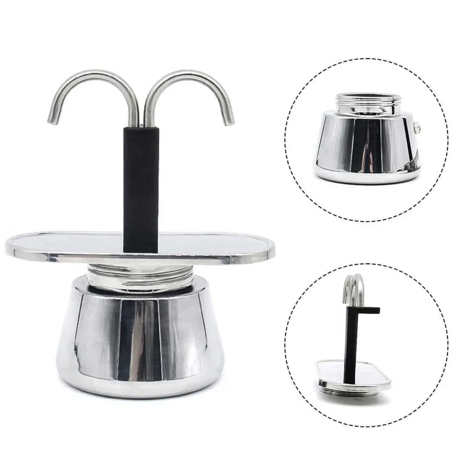 Stainless Steel Thickened Moka Pot,Stovetop Double Spout Espresso Maker,  100ml Dual Pipe Nonslip Strainer, Coffee Machine for Making Espressoes