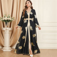 2ชิ้นชุด Eid Mubarak Djellaba พิมพ์ Abaya ผู้หญิงมุสลิมเข็มขัด Maxi ชุดดูไบตุรกี Kaftan อิสลาม Jalabiya Ramadan ชุด Robe