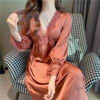 【Ready Stock】 △ C15 French Palace Princess Style Women Nightdress Lace Sexy With Chest Pad Long Sleeve Sleepwear