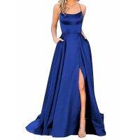 【YF】 Women Fashion High Waist Prom Dresses Ladies Long Tail Elegant Backless Satin Spaghetti Party Vestido