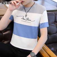 ASRV เสื้อยืดผู้ชายลายทางแขนสั้นสีคอกลมบาง