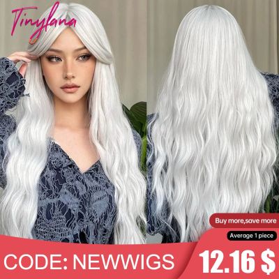 Ash Gray Platinum Long Curly Synthetic Wigs With Bangs For Women Afro Deep Wave Cosplay Lolita Wig Natural Hair Heat Reisitant