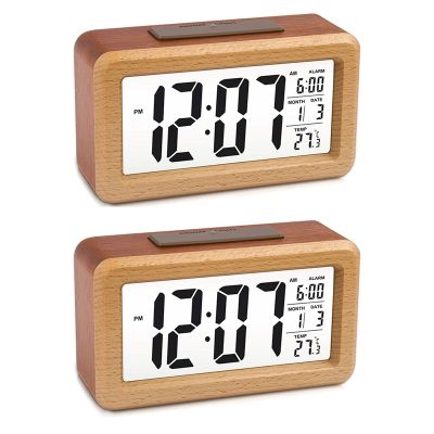 2X Wooden LED Digital Alarm Clock, Night Light with Snooze, Date, Temperature, 12/24Hr Switchable