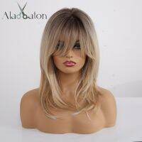 ALAN EATON Medium Straight Synthetic Hair for Black Women Afro Daily Costume Cosplay Wigs Black Brown High Temperature Fiber Gift ของขวัญ