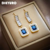 [Hot K] DIEYURO 316L สแตนเลสต่างหูรูปหยดน้ำเพทายสี่เหลี่ยมสีฟ้าสำหรับผู้หญิงเครื่องประดับหู Kado Ulang Tahun ปาร์ตี้