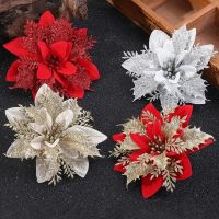 【LZ】∋┋  Glitter Artificial Natal Flores Xmas Tree Ornamentos Feliz Natal Decorações para Casa Presente de Ano Novo 14cm 5 Pcs 10Pcs