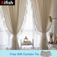 hot.White Ruffled Lace Semi Blackout Curtains for Bedroom Faux Linen Light Filtering Curtains French Romantic Bay Window Drapes