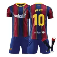 เสื้อแข่งเหย้าและเยือนบาร์เซโลนา 10 ไม่ Messi ชุดฟุตบอลเด็กสำหรับผู้ใหญ่เสื้อผ้าเด็ก + ถุงเท้า