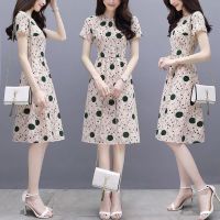 ★cchome★!!&amp; New Dress Womens Summer Short Sleeve Loose Thin Fashion Mid Long Waist Wave Point Round Neck A-line Skirt