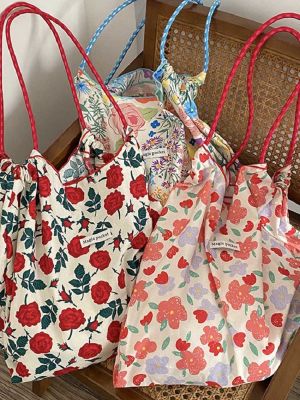 กระเป๋าทรงสี่เหลี่ยมมีหูหิ้วสะพายไหล่ถุงกระเป๋าผ้าใบลายดอกไม้ความจุสูงสไตล์ชนบท