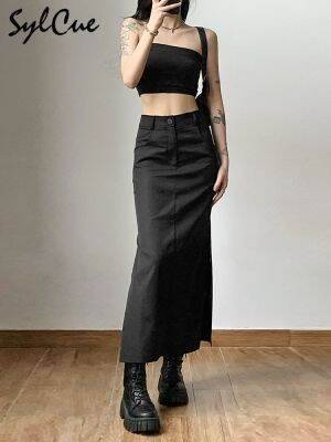 Sylcue Simple Black Split Sexy Slim Hot Versatile Light Cool Thin Summer Womens Mature Feminine Charm Street Skirt Long