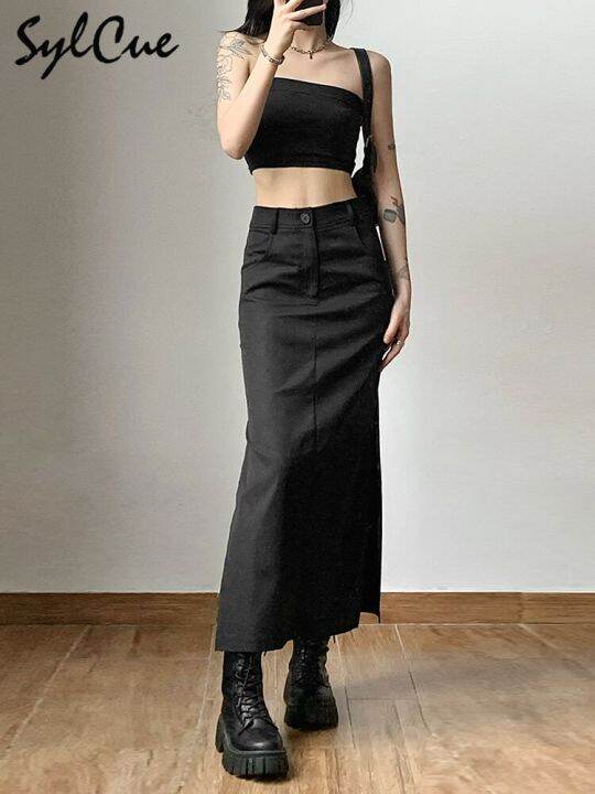 sylcue-simple-black-split-sexy-slim-hot-versatile-light-cool-thin-summer-womens-mature-feminine-charm-street-skirt-long