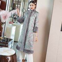 【CW】Winter Mid-length Vintage National Clothes Coat Embroidery Thicken Chinese Tops Women Tang Suit Traditional Cotton Jacket Hanfu