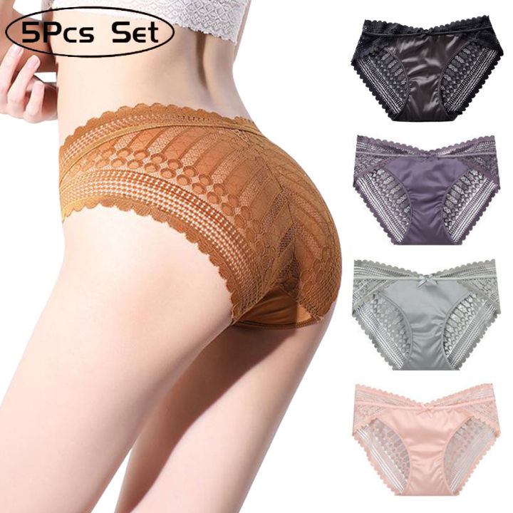 Sexy Satin And Lace Mid Waist Seamless Panty For Women 5 Pack