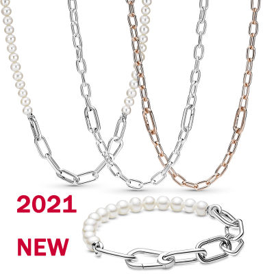 Free Shipping 2021 Winter New 100 925 Silver Original Logo Freshwater Cultured Pearl ME Link Chain Necklace DIY Woman Jewelry