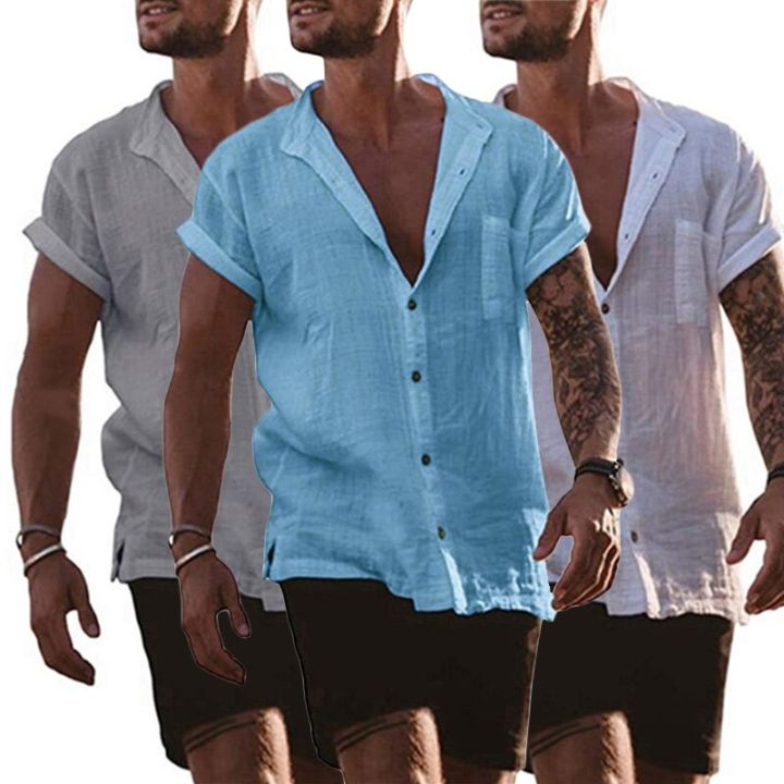 เสื้อเชิ้ตฝ้ายลินิน-kemeja-lengan-pendek-สำหรับผู้ชายเสื้อเชิ้ตลำลองสำหรับผู้ชายเสื้อเชิ้ตออกงานธรรมดาแนวธุรกิจหลวมๆ