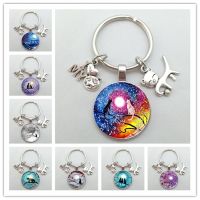 Cute Anime Cat Under Night Sky Keychain with Cat Pendent Fashion Animal Women Purse Bag Car Pendant Key Chain Ring Holder