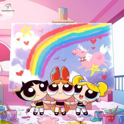 5D ภาพวาดเพชรเจาะเต็มรอบ DIY สาว Powerpuff ตกแต่งบ้าน