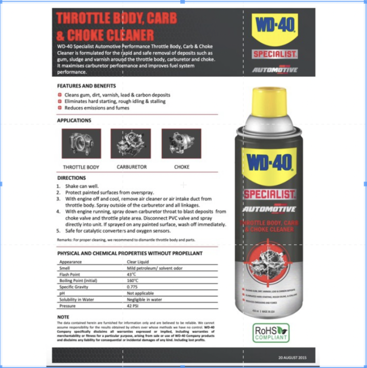 WD40 SPECIALIST AUTOMOTIVE THROTTLE BODY, CARB & CHOKE CLEANER 450ml