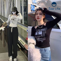 เสื้อยืดฤดูใบไม้ร่วง  เสื้อยืดเเขนยาว  เว้าช่วงไหปลาร้า  เสื้อยืดลำลองเเขนยาว  เสื้อยืดเเฟชั่น