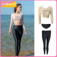 LYSEACIA 3ชิ้นชุดว่ายน้ำชุดว่ายน้ำ Rashguard แบบกีฬาแขนยาวชุดว่ายน้ำหญิงเล่นเซิร์ฟอาบน้ำเซ็กซี่ Crop Tops + เอวสูงยาวกางเกง + กางเกง