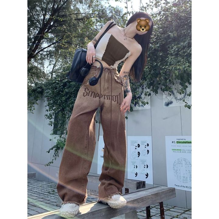 เสื้อ-spice-girl-fried-street-gradient-drawstring-jeans-women-spring-and-summer-casual-high-street-vibe-straight-leg-wide-leg-pants-high-waist-mopping-pants