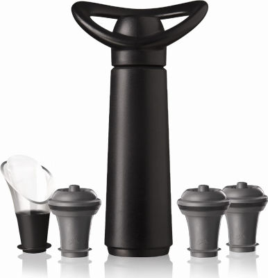 Vacu Vin Wine Saver Concerto - Black - 1 Pump 3 Stoppers 1 Server - Wine Stoppers for Bottles with Vacuum Pump and Pourer - Reusable - Made in the Netherlands 3 Stoppers + 1 Server