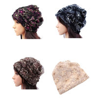 Women Lady Winter Bandana Beanie Turban Head Wrap Band Lace Hat Warm Cap, Black rose red