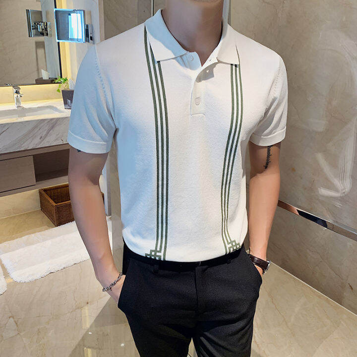 สังคมถักบางโปโลสไตล์อังกฤษลายเสื้อโปโลผู้ชายฤดูร้อนแขนสั้นผู้ชายโปโลสลิมฟิตสบายๆโปโล-homme-3xl