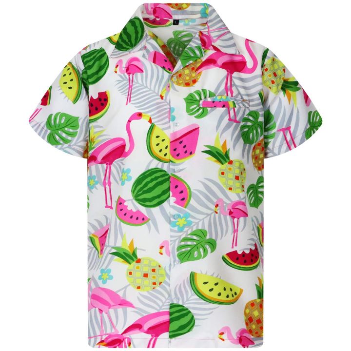 เสื้อฮาวายผู้ชายสำหรับฤดูร้อนเสื้อพิมพ์ลายนกฟลามิงโกเสื้อชายหาดกระดุมเสื้อท่อนบนผู้ชายแฟชั่น