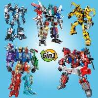 6 In 1 Deformed Robot Figures Building Block Dinosaur Mecha Engineering Vehicle Fire Engine Car Assembly Bricks Toys Kids Gift Building Sets