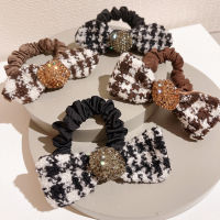 Korean New Houndstooth Bow Rhinestone Small Intestine Circle Style Retro Easy Matching Hair Band Ponytail Hair Ring