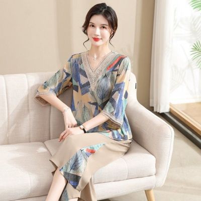 [Spot] Summer new mom fashion two-piece suit summer top middle-aged and elderly womens clothing large size loose outfit 2023