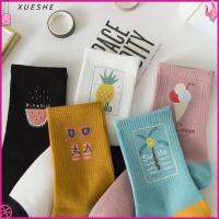 XUESHE ของใหม่ ญี่ปุ่น สไตล์วิทยาลัย ถุงเท้าหลอดกลาง ถุงเท้านักเรียน ถุงเท้ากีฬา การ์ตูนผลไม้