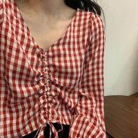 Womens plaid shirt Spring and autumn loose V-neck drawstring blouse temperament Korean version sweet beauty top