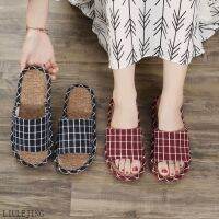 Japanese Style Home Slippers Indoor Floor Cotton Linen Checked Women Spring Summer Autumn Winter Couples Sandals Household Ind