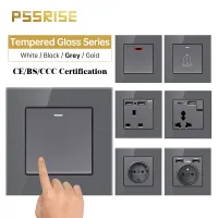 PSSRISE 86 French EU RU UK Wall Switch Socket with DC 5V 2.1A USB Type-c Charger Tempered Glass Panel Light Switch Power Outlet