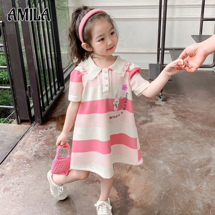 amila-สาวชุดกระโปรงเสื้อโปโลเด็กเสื้อแขนสั้นสำหรับเด็กหญิงชุดลำลองลาย
