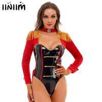 สตรี Circus Ringmaster บทบาทเล่นคอสเพลย์เครื่องแต่งกายพู่ไหล่แขนยาว Patchwork Swallow-Tailed Catsuit Bodysuit