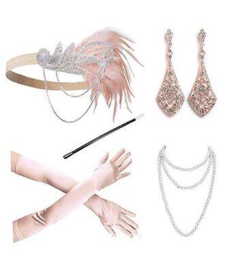 Champagne 1920s Accessories Set Vintage Peacock Feather Hair Band Suit Headdress Necklace Gloves Cigarette Great Gatsby Cocktail