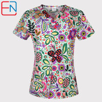 Women scrub top with V neck 100 cotton flowers scrub uniforms XXS-5XL 11 floral prints scrub tops