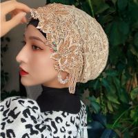 【YF】 Arab Luxury Muslim Hijabs Caps Summer Lace Embroidery Turban Hat Tassel Cap Wedding Head Wraps For Women Dubai Headcover