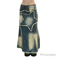 【LZ】✔♂✑  Saia jeans midi até o joelho para mulheres vintage Star Streetwear cintura alta jeans grunge reto saias altas roupas Y2K