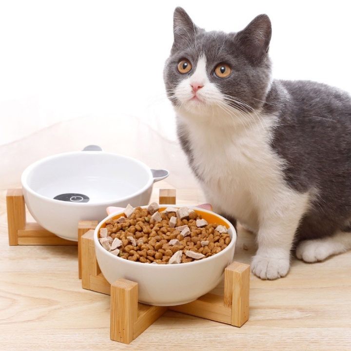 ชามให้อาหาร-ชามให้อาหารสัตว์เลี้ยง-ถ้วยทรงหน้าแมว-ชามให้อาหารแมว-พร้อมฐานขาตั้ง-ชามให้อาหารและจานข้าวแมว