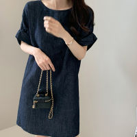 2021 Navy Blue O-neck Cotton Denim Dress for Women Korea Style Early Autumn Women Dress Vintage Elegant Dress Vestido Robe15669