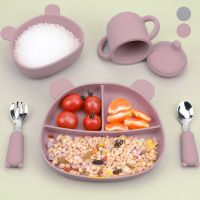 5Pcs Baby Feeding Set with Bowl/Plate/Cup/Spoon/Folk Food-Grade Silicone Baby Toddler Tableware Set Non-Slip Self-Feeding Ba Bowl Fork Spoon Sets