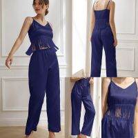 【jw】☄  Womens Fashion Tassel Suspender V Neck Sleeveless Sleepwear Two-piece Silk Pijamas