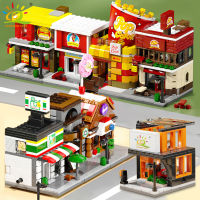 ใหม่ HUIQIBAO Creative City Street View Series กาแฟ Burger Shop House Building Block MOC ร้านค้าปลีกรุ่นอิฐชุดของเล่นเด็กเด็ก