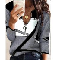 Color Block Women T shirts Fashion Zipper V-Neck Long Sleeve Spring Autumn New Street Hipster Tops Casual Lady Clothes 2022